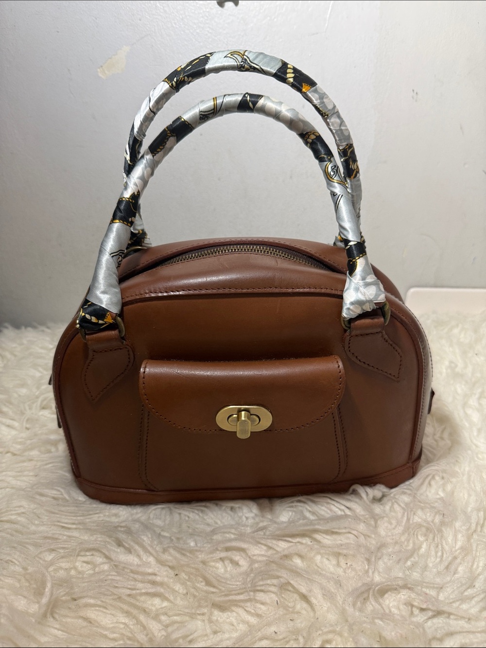 Vintage J&M Davidson Brown Leather Top-Handle Bag with Gold Turn-Lock medium